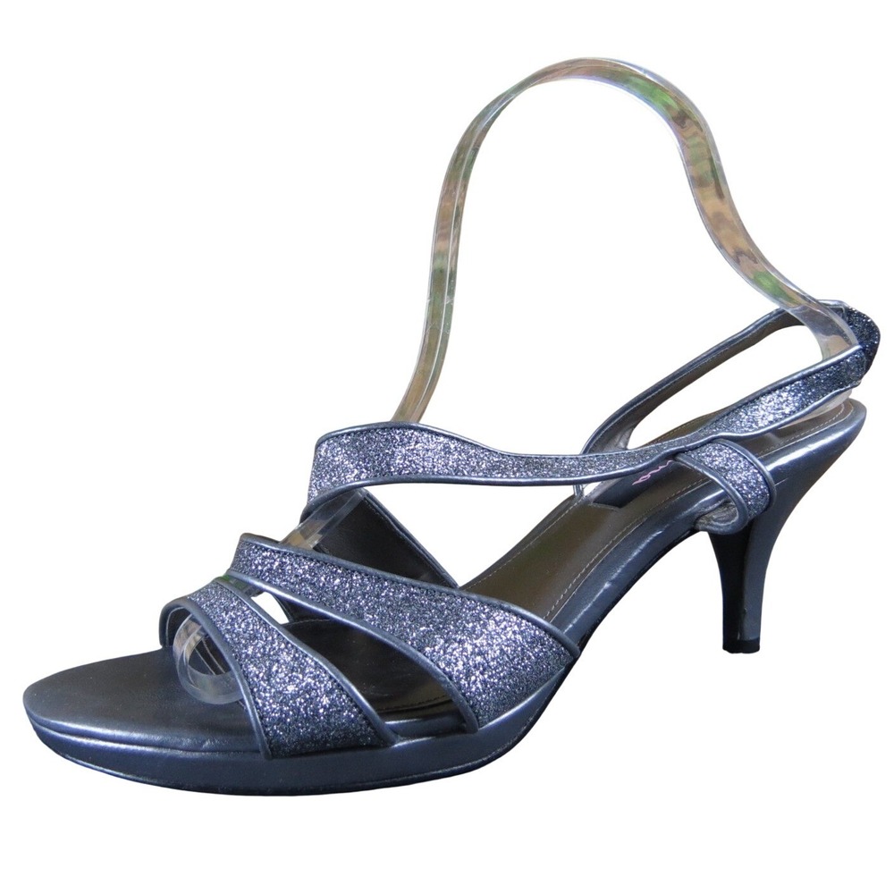 Nina New York Womens 10 Silver Glitter Strappy Dress Sandal Stiletto Heel‎